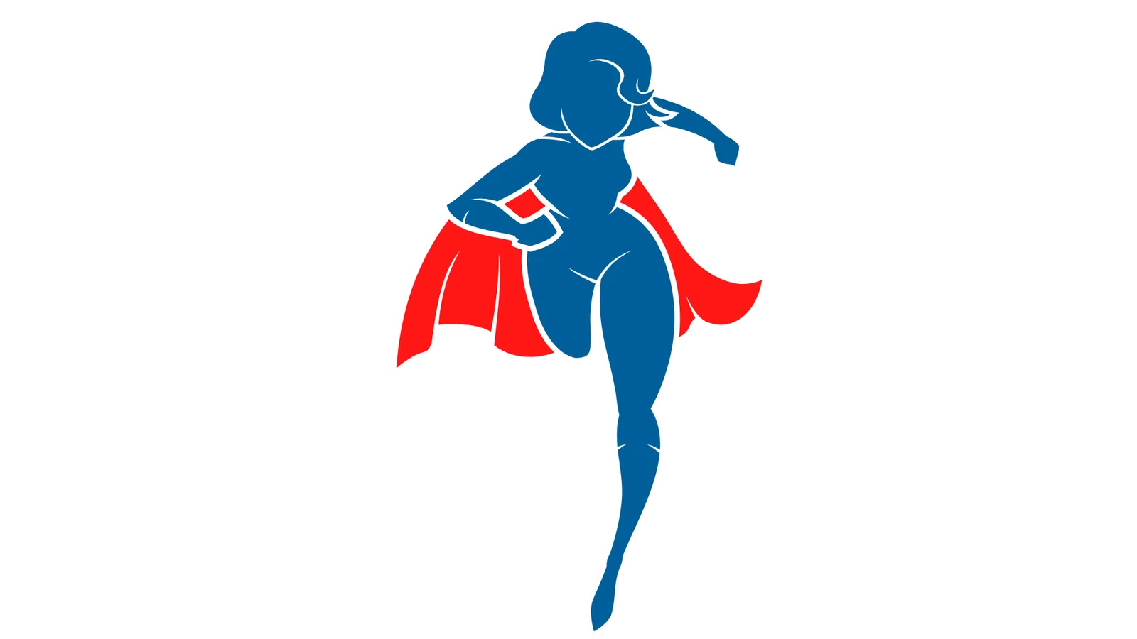Grafische Illustration: Superheldin in blauem Outfit mit rotem Umhang, dynamische Pose
