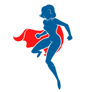 Grafische Illustration: Superheldin in rotem Umhang und blauem Outfit, dynamische Bewegung