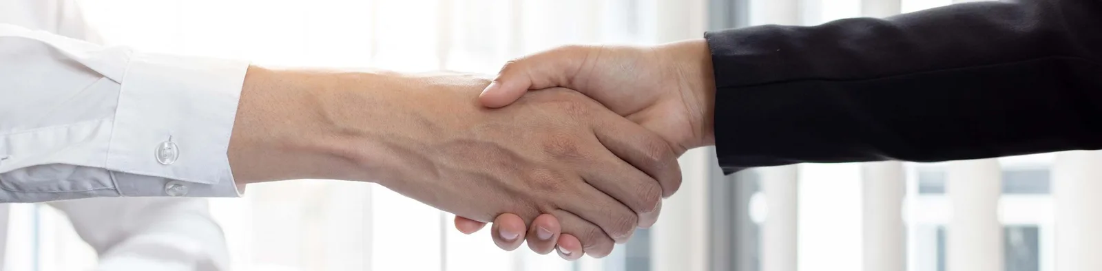 Handschlag zwischen zwei Personen in Business-Kleidung vor hellem Hintergrund