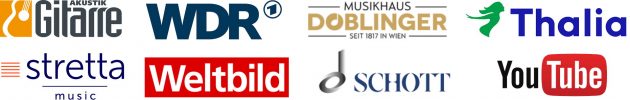 Logos von Gitarre, WDR, Musikhaus Doebler, Thalia, Stretta Music, Weltbild, Schott, YouTube