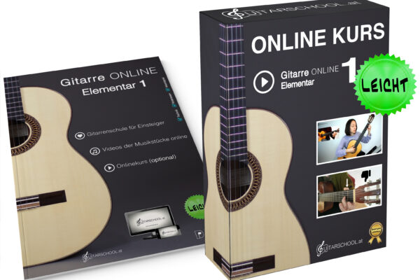 DVD-Hülle und Produktbox Gitarre Online Elementar 1 nebeneinander