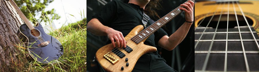 Drei Gitarrenfotos: Akustikgitarre im Gras, E-Bass-Detail und Gitarrensaiten-Nahaufnahme