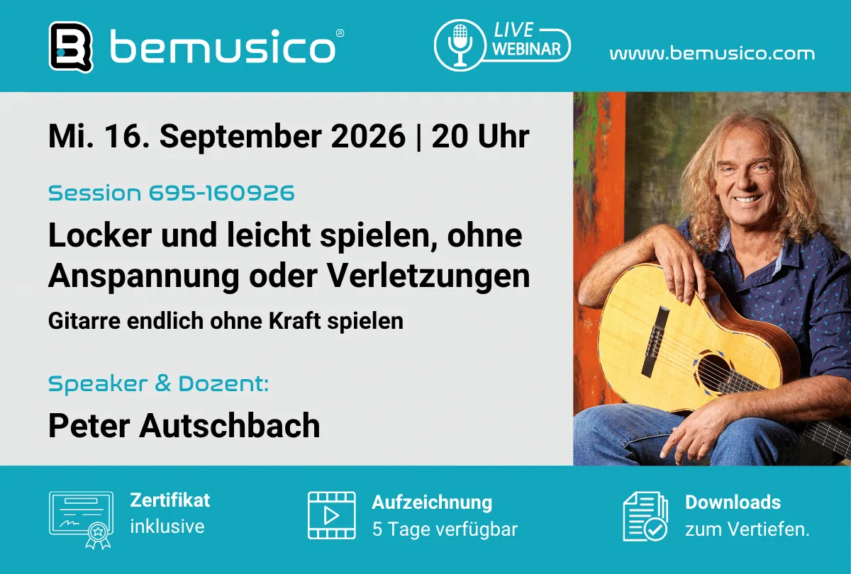 bemusico Live-Webinar Ankündigung: Gitarre locker und leicht spielen mit Peter Autschbach am 16. September 2026