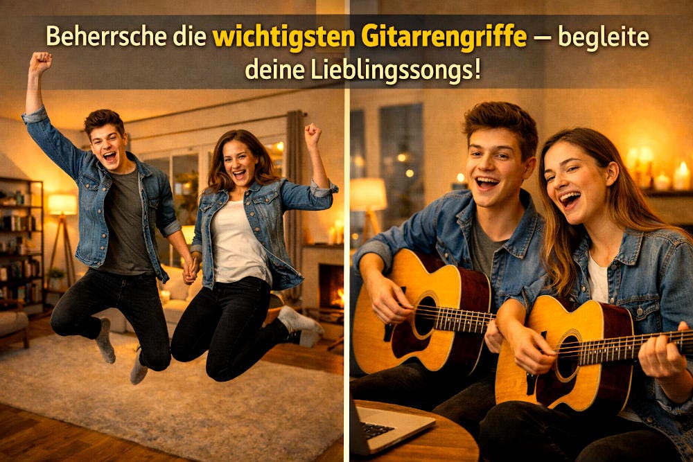 Junge Menschen mit Gitarren, links springend, rechts spielend, Indoor-Szene