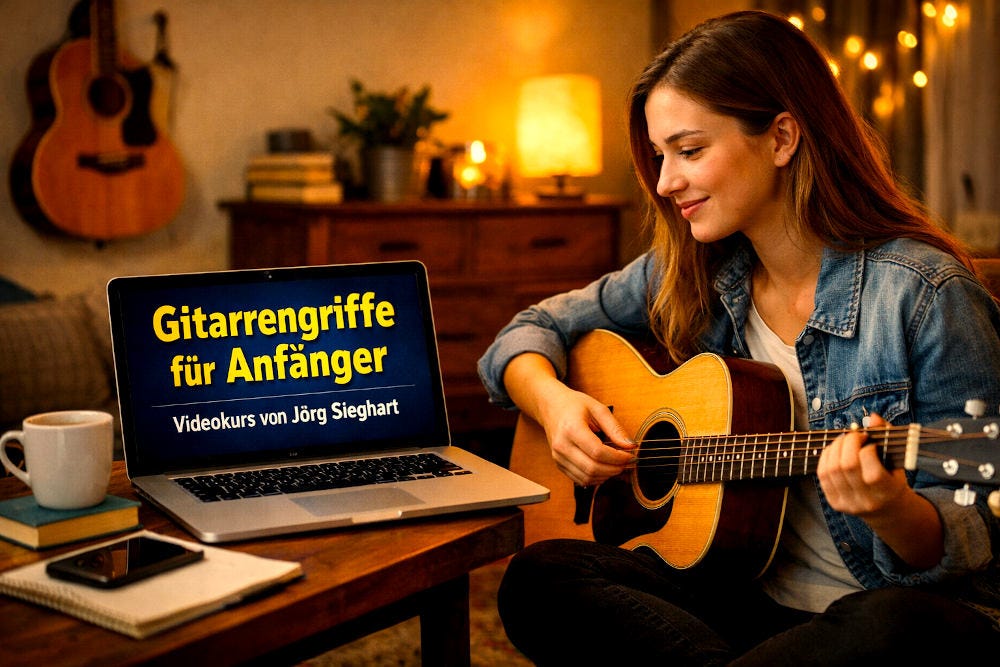 Frau mit Gitarre vor Laptop, auf dem Bildschirm Gitarrengriffe Videokurs