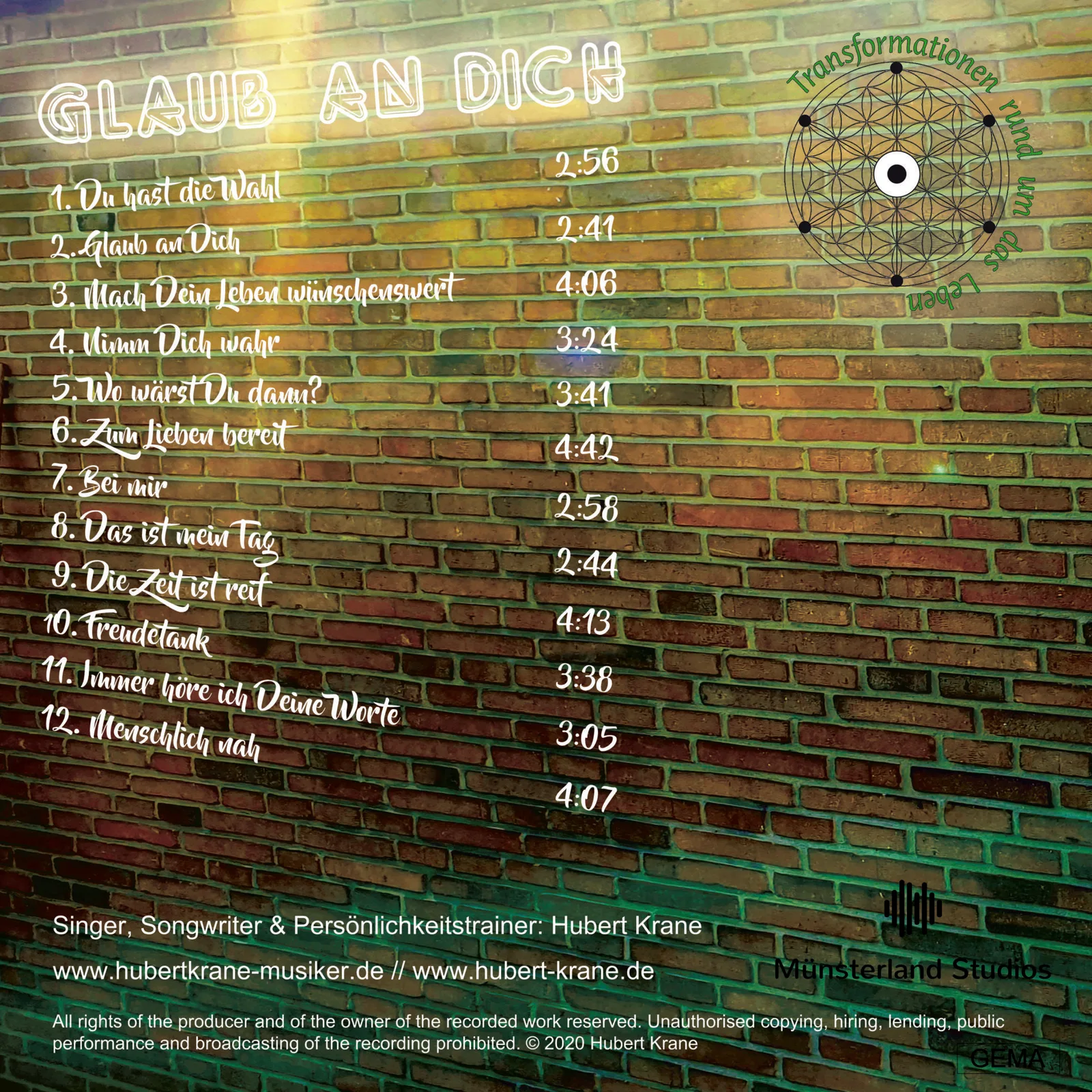 CD-Rückseite mit Tracklist und Blume des Lebens Symbol