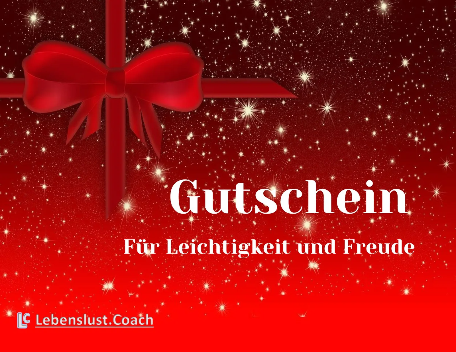 Gutschein-Grafik mit roter Schleife und Sternen, Text Gutschein und Für Leichtigkeit und Freude mit Lebenslust.Coach Logo