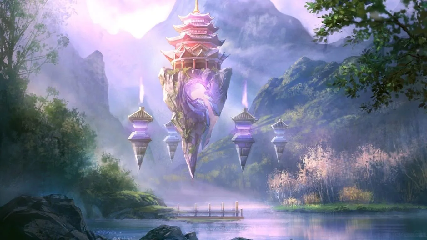 Glaukom-Diamant – Online-Seminar bei Grünem Star 7 Fantasylandschaft mit rosa Pagode auf Felsklippe, umgeben von Bergen und Wald über See