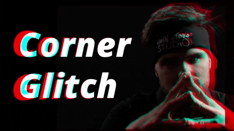 Corner Glitch Effekt mit rotem und blauem Text auf schwarzem Porträt-Hintergrund