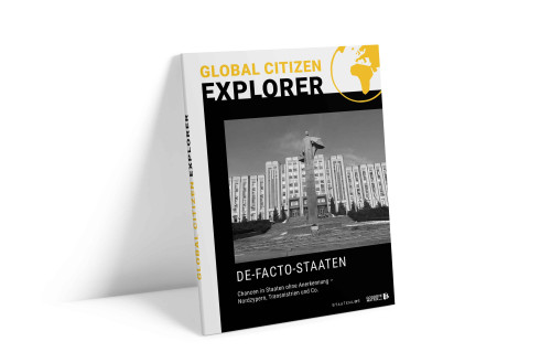 Global Citizen Explorer De-facto-Staaten Buch-Cover mit Hochhausfoto und schwarzem Layoutstreifen