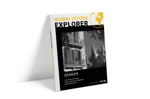 Global Citizen Explorer Spanien Buch-Mockup mit Schwarz-Weiß-Fotografie auf gelbem Hintergrund
