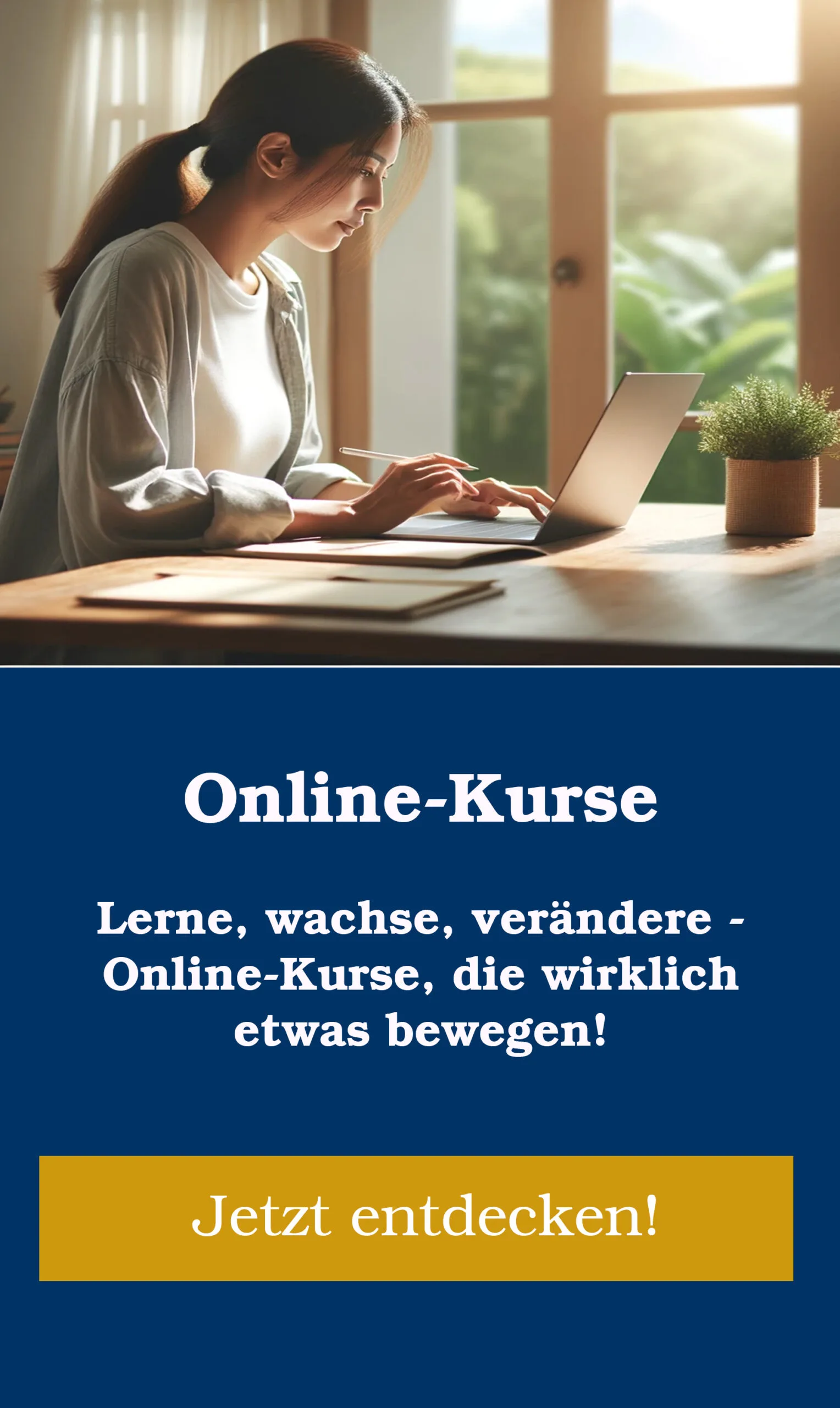 Werbebanner für Online-Kurs Glücklich sein lernen mit Frau am Laptop