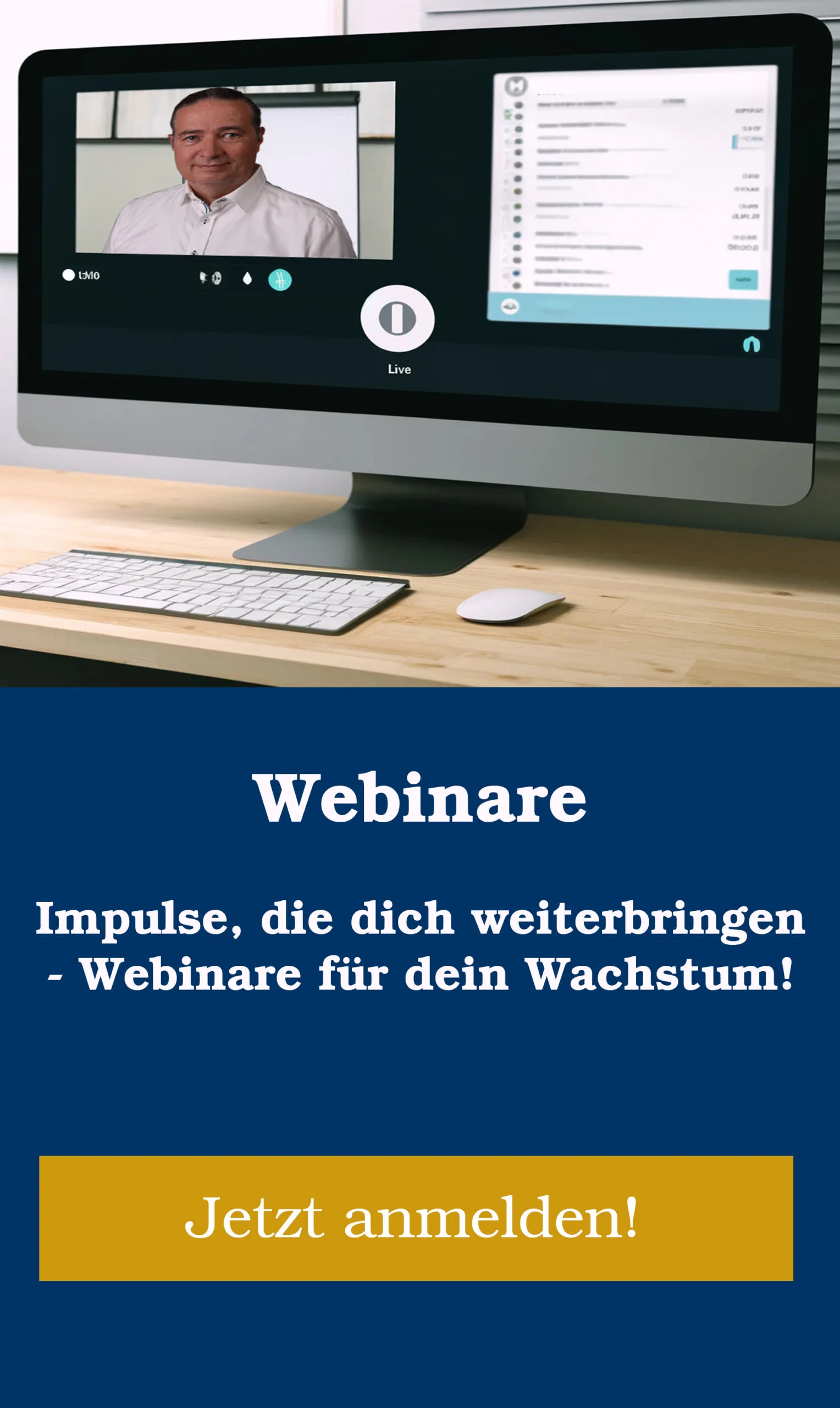 Werbebanner für Webinare mit Videokonferenz-Interface und Moderator