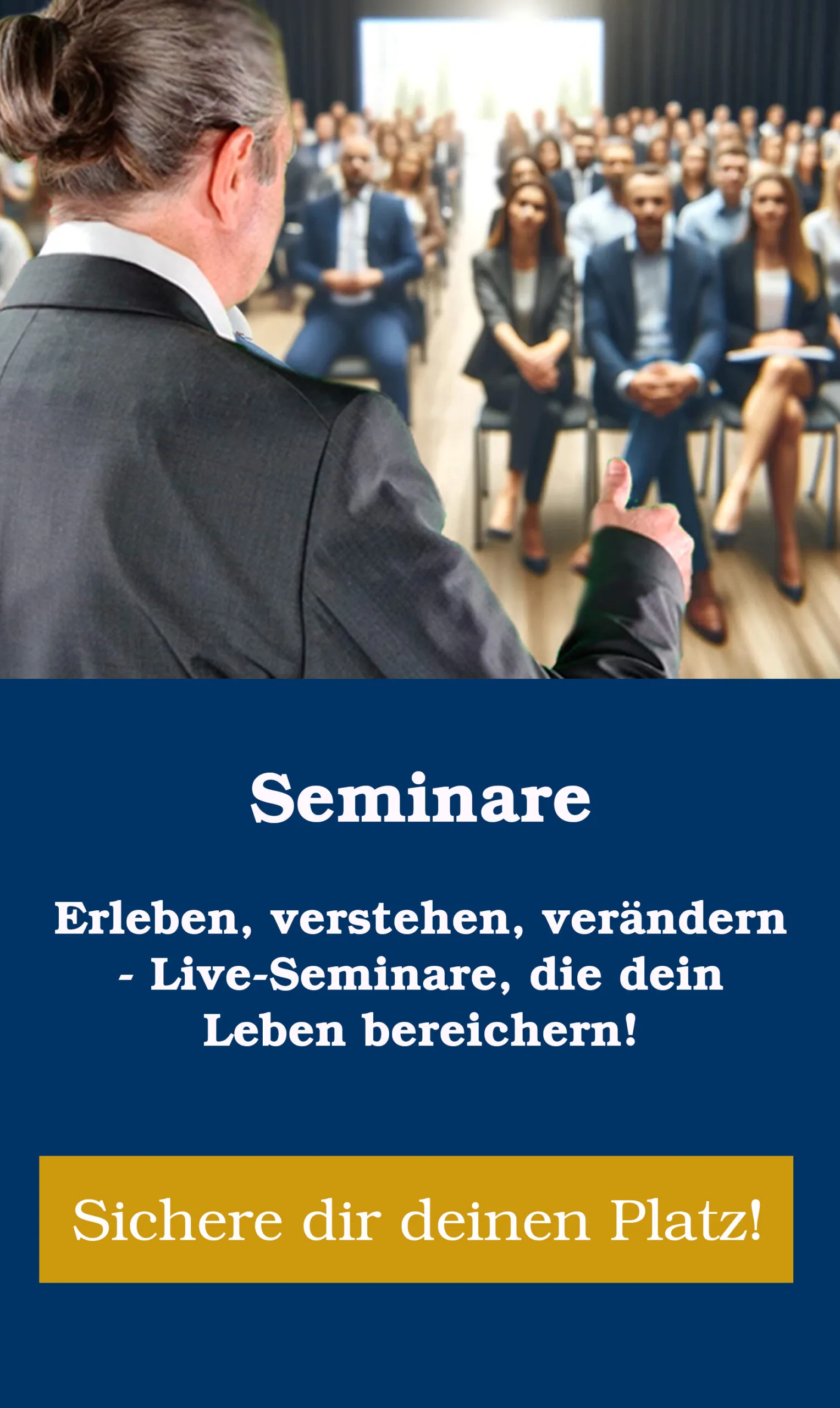Werbebanner für Live-Seminare mit Moderator vor Publikum