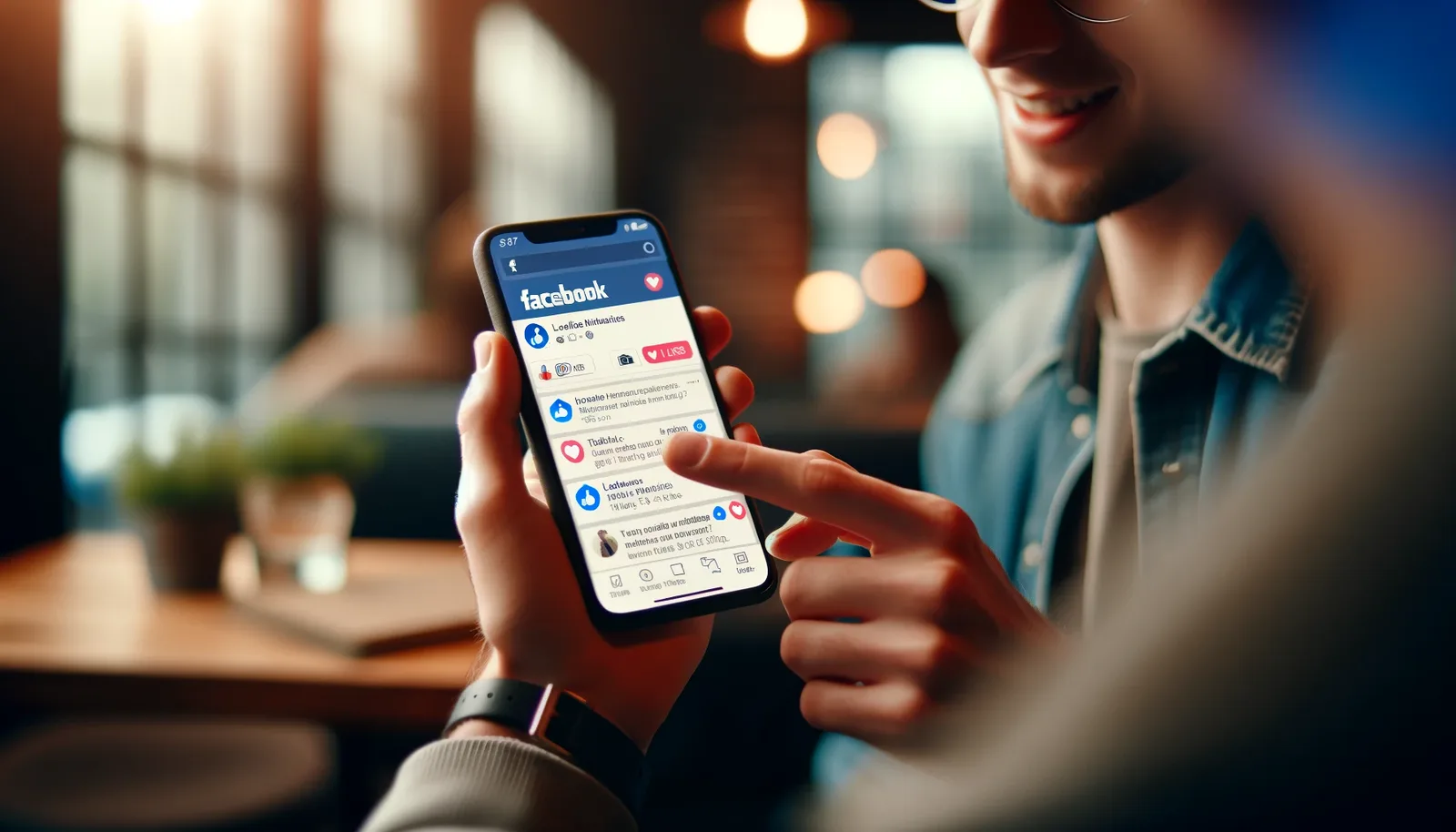 Person hält Smartphone mit Facebook-App, Social-Media-Präsenz