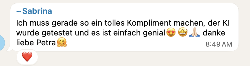 Sabrina Testimonial über getestete KI und Kompliment von Petra