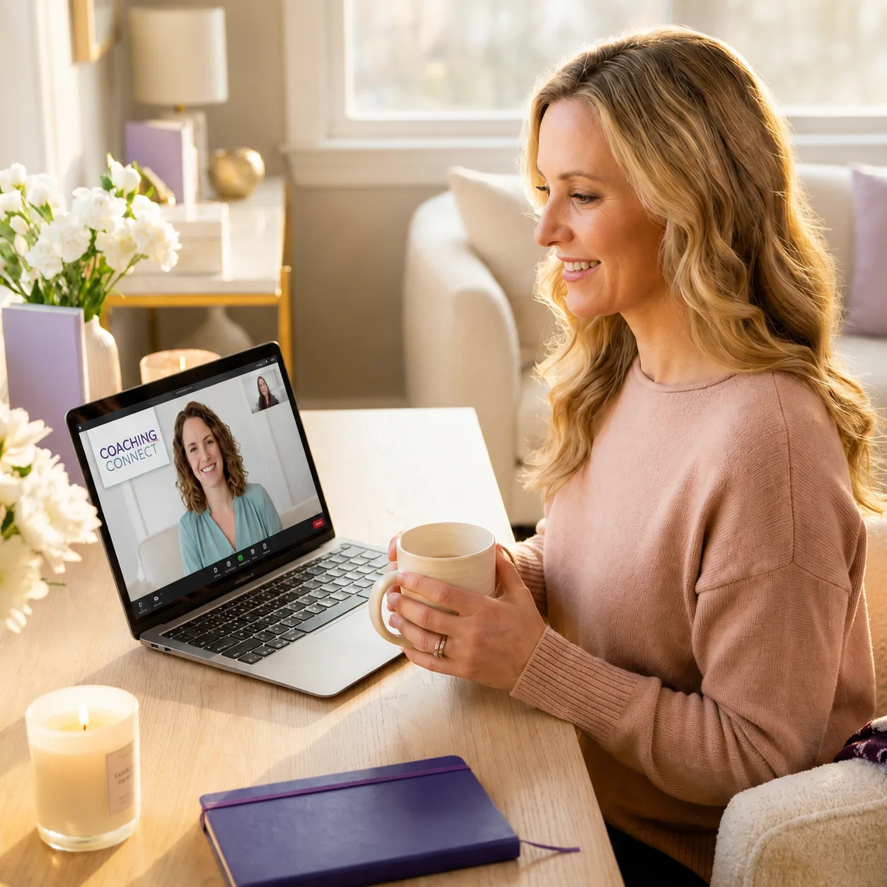 Frau mit Kaffee sitzt vor Laptop in eleganter Wohnzimmerumgebung mit Coaching-Session auf Bildschirm