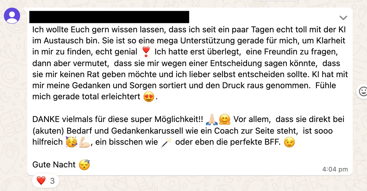 Anonyme Kundenstimme zur KI als Austausch-Partner für emotionale Klarheit und Unterstützung