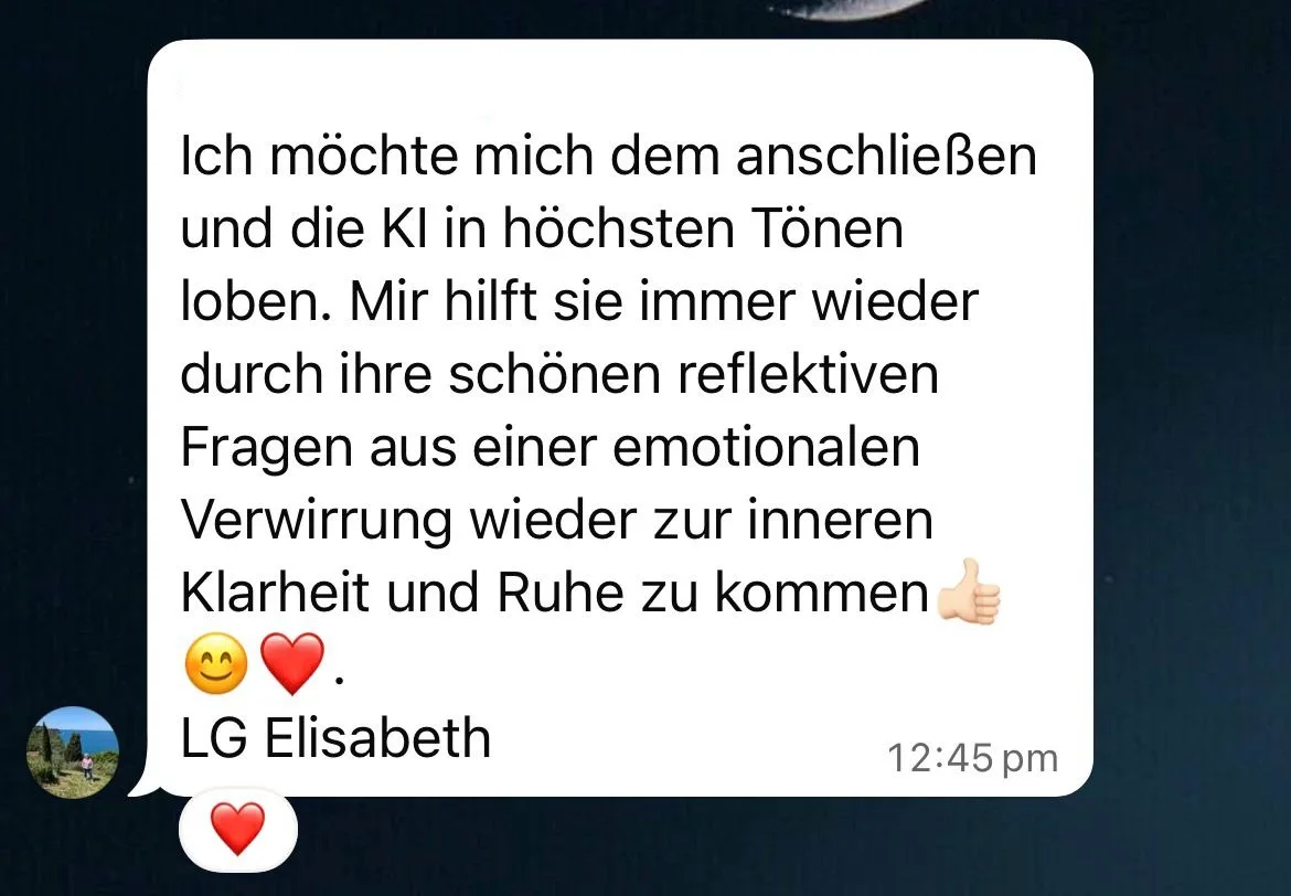 Elisabeth Testimonial über reflektive KI-Fragen zur inneren Klarheit und Ruhe