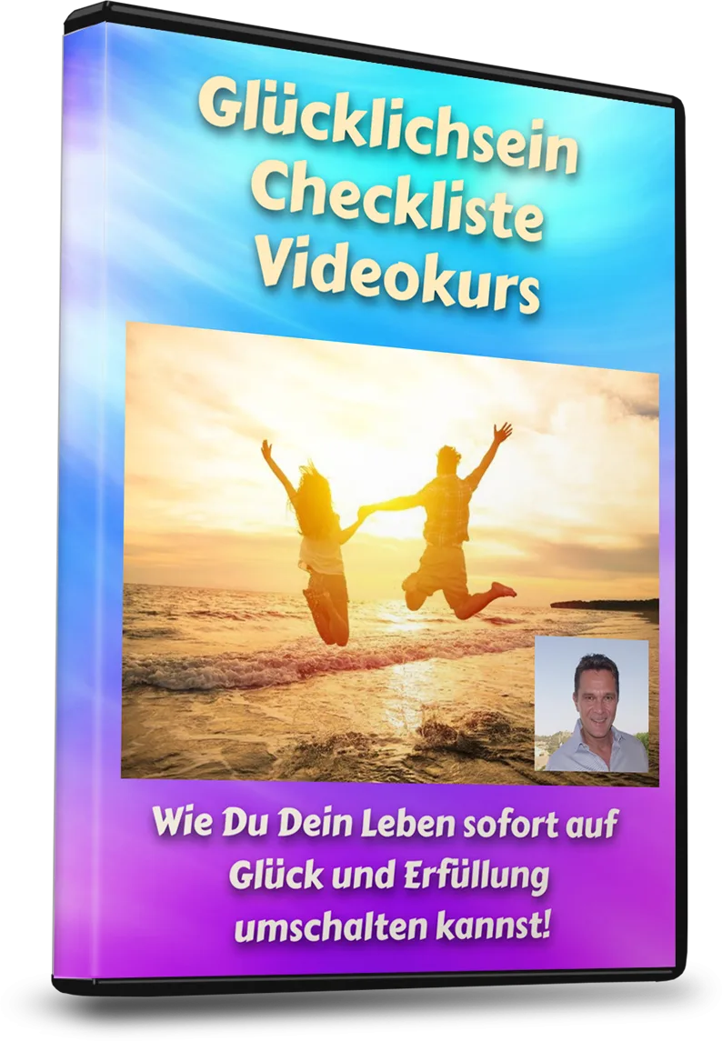 DVD-Cover Glücklichsein Checkliste Videokurs mit zwei springenden Personen am Strand bei Sonnenuntergang