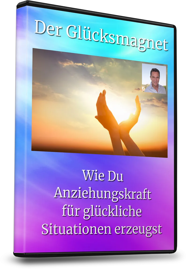 DVD-Cover Der Glücksmagnet mit Händen vor Sonne am Horizont und Autor-Porträt