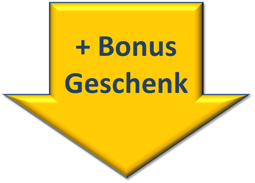 Gelber Pfeil nach unten mit dunkelblauem Text Bonus Geschenk auf gelbem Hintergrund