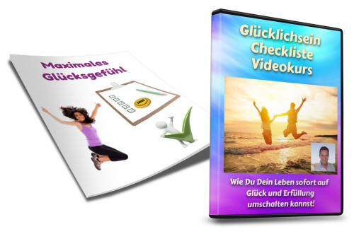 Nebeneinander-Darstellung der Glücklichsein-Checkliste und des Videokurs-DVD-Covers mit Strand-Sonnenuntergang
