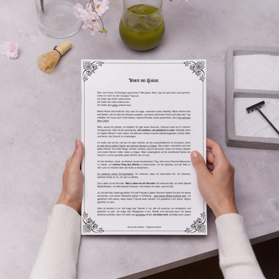 Gedruckter Text von Worte des Glücks in Händen mit Matcha-Tee und Pinsel