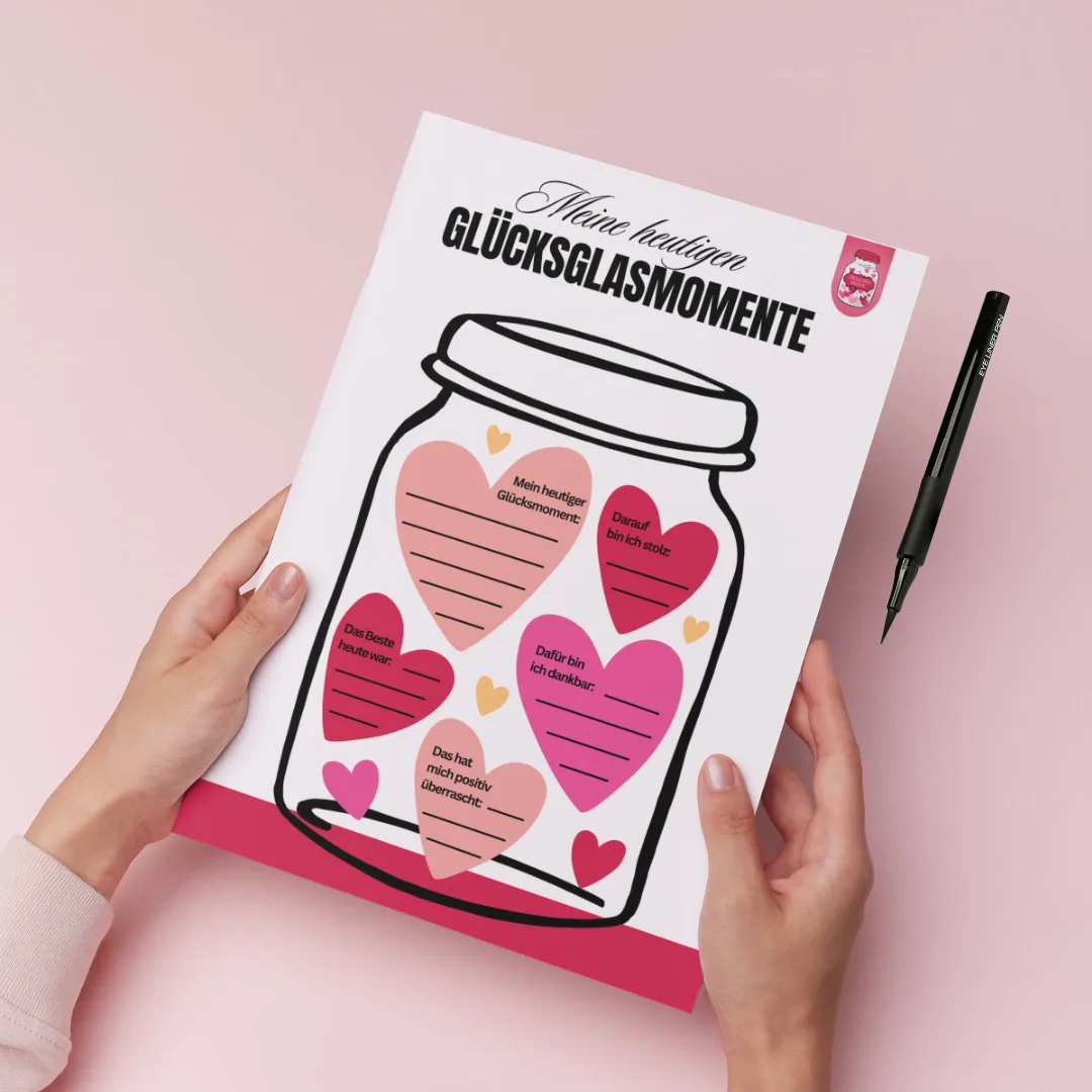 Worksheet Glücksglasmomente zum Ausfüllen mit rosa Herzen in Glas-Illustration