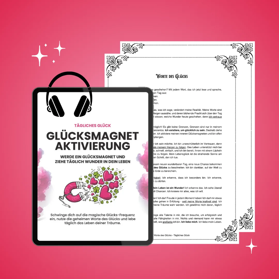 Glücksmagnet Aktivierungs-Cover auf Tablet mit Kopfhörern und ausgedrucktem Text