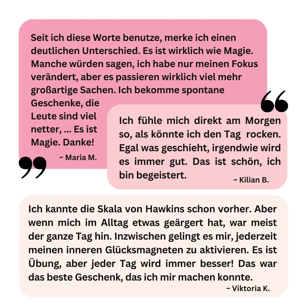 Testimonials von drei Nutzern in rosa Sprechblasen mit Erfolgserlebnissen