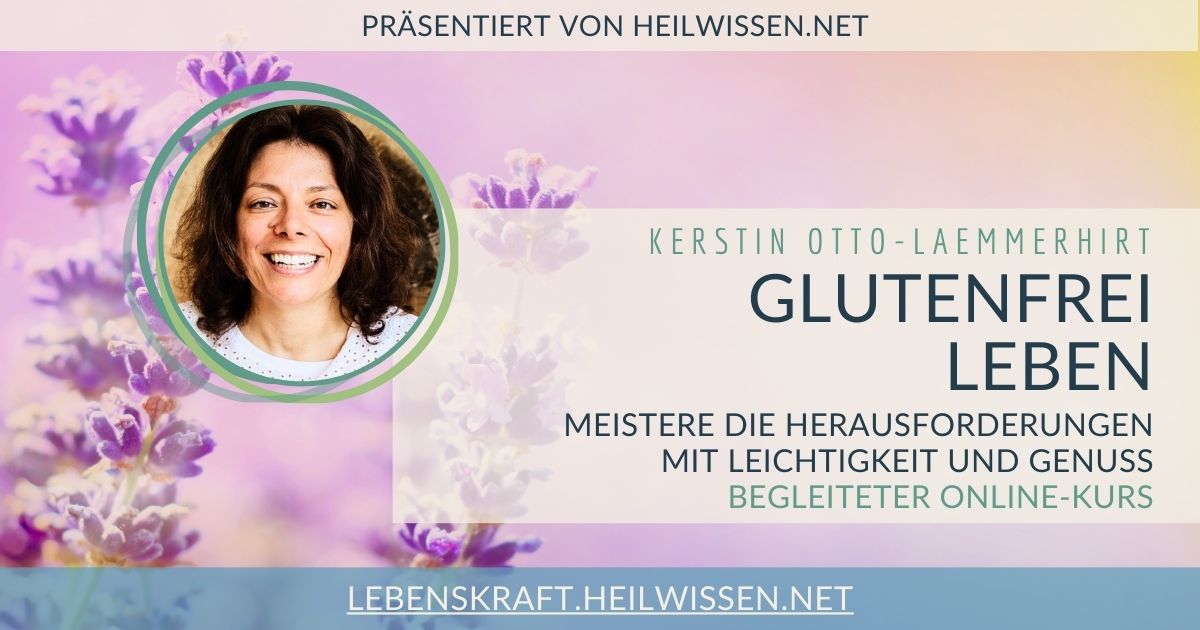 Glutenfrei leben – Selbstlernkurs von Kerstin Otto-Laemmerhirt 1 Kurscover Glutenfrei leben mit Kerstin Otto-Laemmerhirt, Porträt in grünem Kreis, Blütendesign