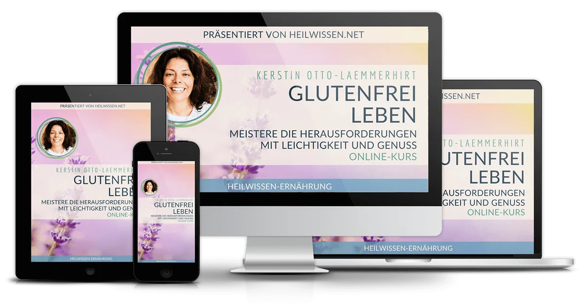 Glutenfrei leben – Selbstlernkurs von Kerstin Otto-Laemmerhirt 3 Responsive Mockup des Glutenfrei-Kurses auf Tablet, Smartphone und Desktop