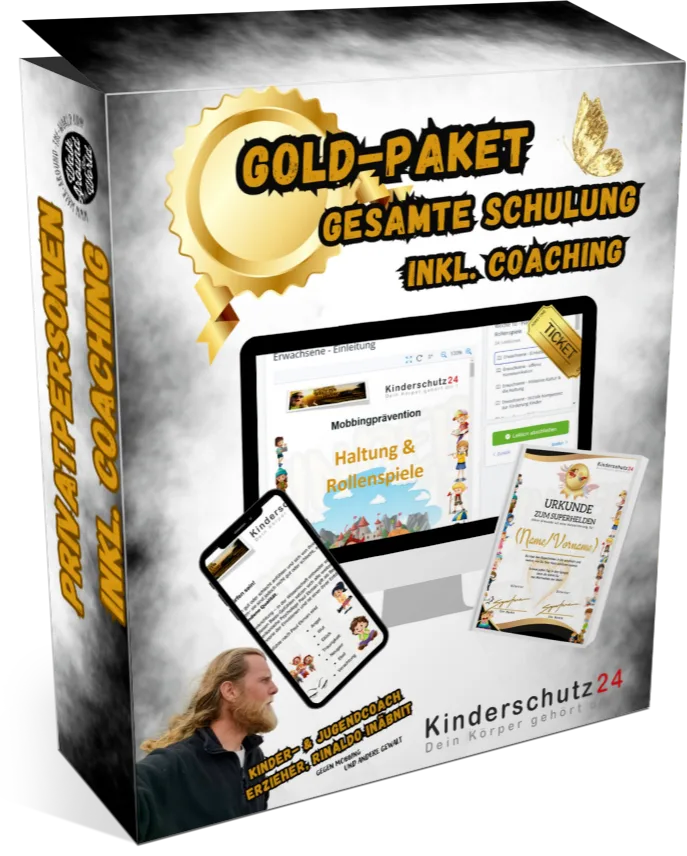 Gold-Paket gegen Mobbing Produktbox mit Schulungsunterlagen, Smartphone und Urkunde