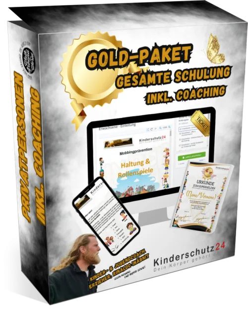 Gold-Paket gegen Mobbing Produktbox mit Schulungsunterlagen, Smartphone und Urkunde