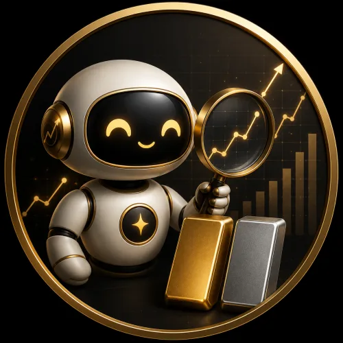 Weißer Roboter mit Lupe und Chartgrafik, Gold- und Silberbarren in goldenem Kreis – automatische Telegram-Signale