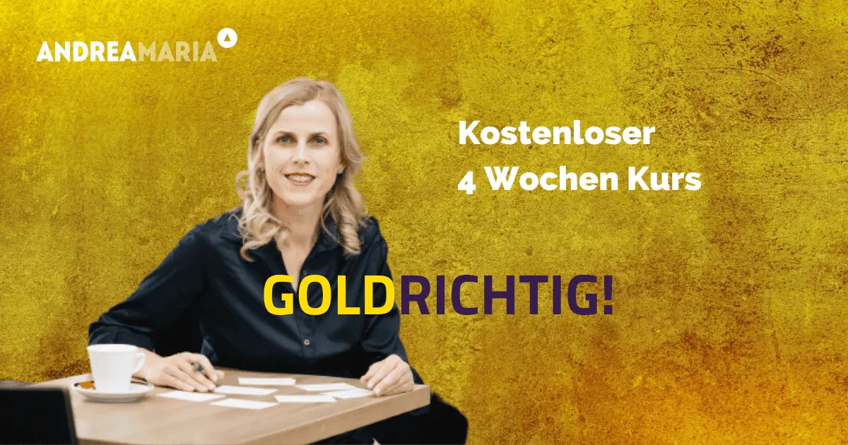 Goldrichtig – Videokurs zu wertebasierter Führung 2 Hero-Banner für Goldrichtig Kurs von Dr. Andrea Maria Bokler mit Frau am Schreibtisch auf goldenem Hintergrund