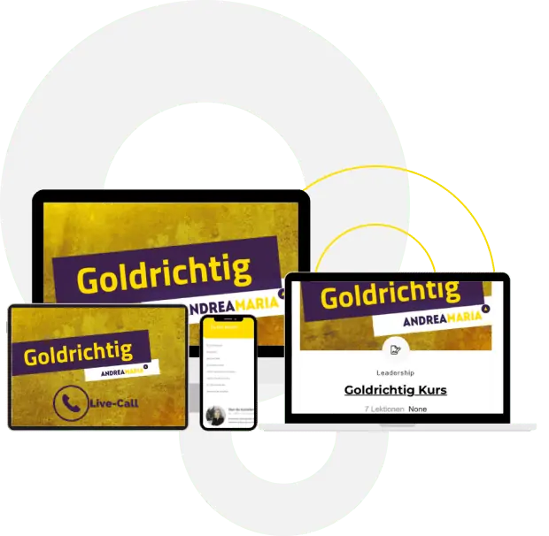 Goldrichtig – Videokurs zu wertebasierter Führung 1 Mockup des Goldrichtig Kurses auf verschiedenen Geräten: Tablet, Smartphone, Laptop