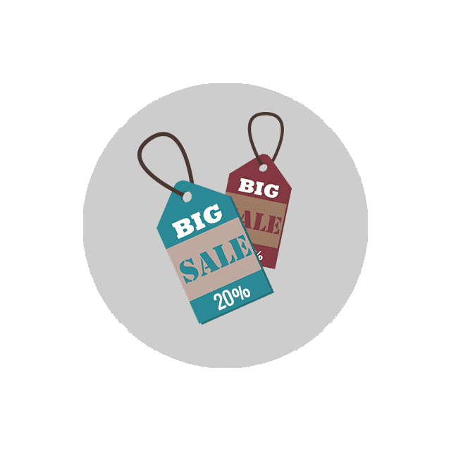 Zwei Sale-Tags mit Rabattangaben in Teal und Bordeaux auf grauem Hintergrund