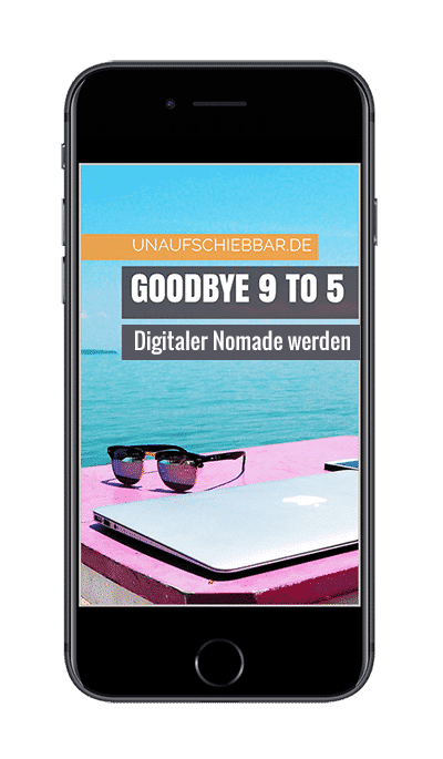 Goodbye 9 to 5 Online-Kurs auf iPhone-Smartphone mit orangem Header und Strandmotiv