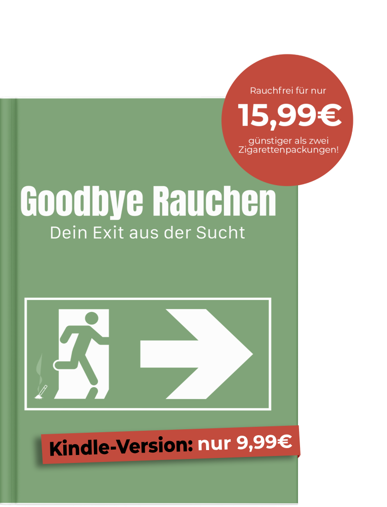 Goodbye Rauchen – E-Book zum Rauchstopp von Martin Bongartz 1 Goodbye Rauchen eBook Cover mit grünem Hintergrund, Exitschild-Motiv und Preisangabe 15,99€