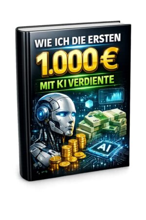 Cover Wie ich die ersten 1.000 € mit KI verdiente mit KI-Roboter, Geld und dunkelblauem Design