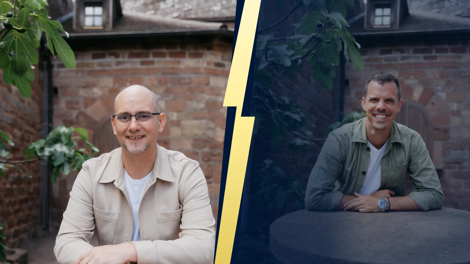 Split-Bild mit Jens Neubeck und Pascal Schildknecht zum Podcast Rebellen Talk