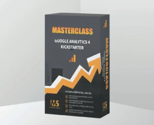 Google Analytics 4 Kickstarter Masterclass Box mit orange-weißem Aufwärtstrend und Balkendiagramm-Icon