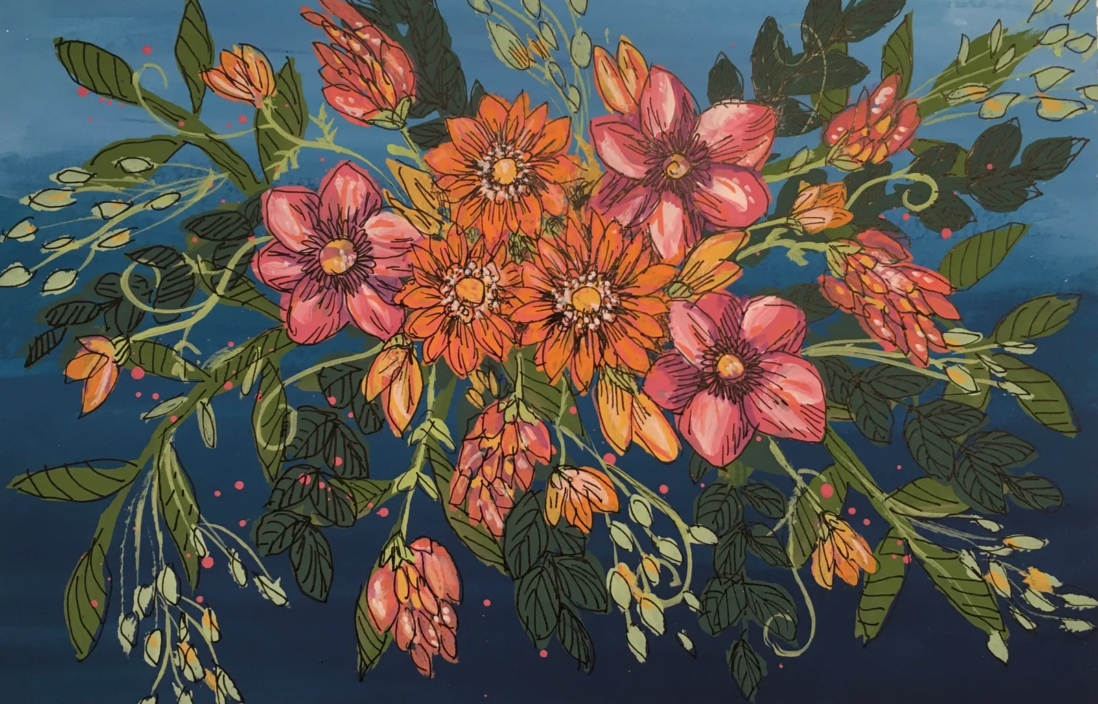 Detaillierte Illustration mit orange und rosa Blüten und grünem Laub