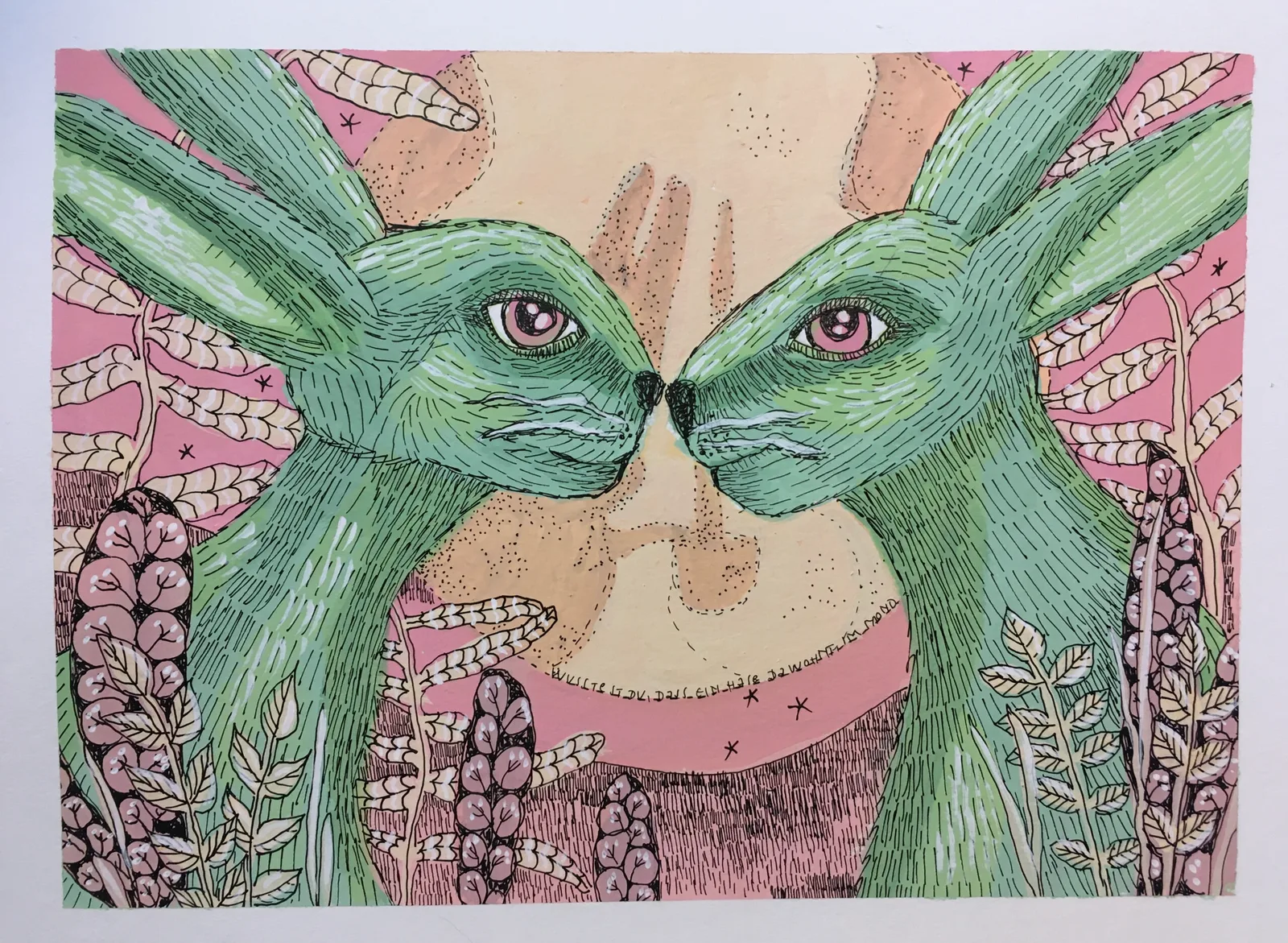 Grüne Wesen mit großen Augen, rosa Flügeln und Lavendel-Illustration