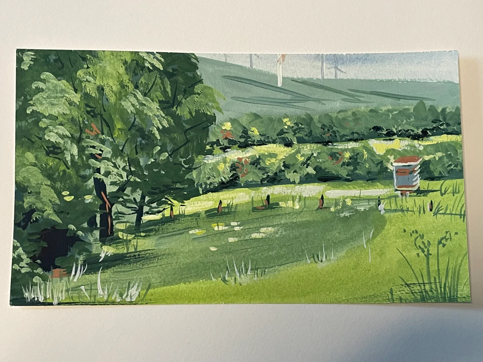 Gouache-Landschaftsmalerei mit Gewässer, Vegetation und Himmel
