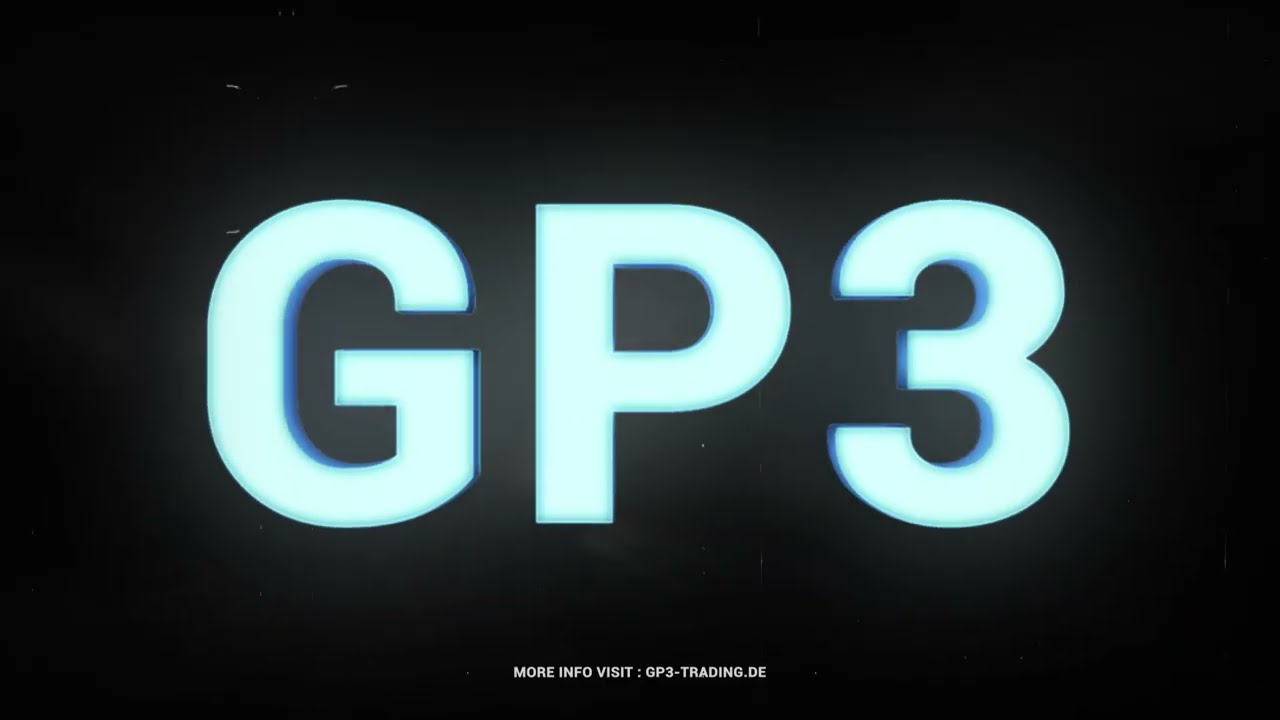 GP3 Logo mit cyan-blauem Neon-Glow-Effekt auf dunklem Hintergrund, Website-URL gp3-trading.de