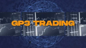 GP3 TRADING Schriftzug in Orange über Trading-Dashboard mit Kurscharts, Tabellen und digitaler Weltkarte im Hintergrund