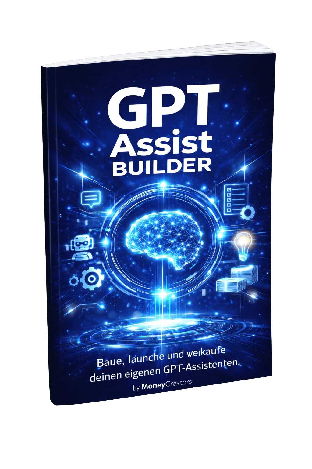 GPT Assist Builder Buch-Cover mit leuchtend blauem Gehirn und Tech-Icons